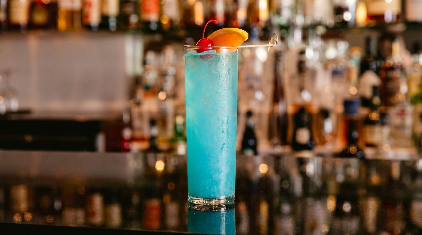 Vibrant blue cocktail with an orange slice and cherry garnish on a dark bar with blurred bottles.