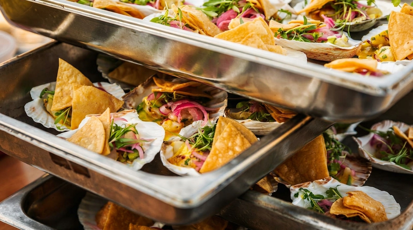 Close-up of ceviche served in scallop shells with tortilla chips, microgreens, and pickled onions.