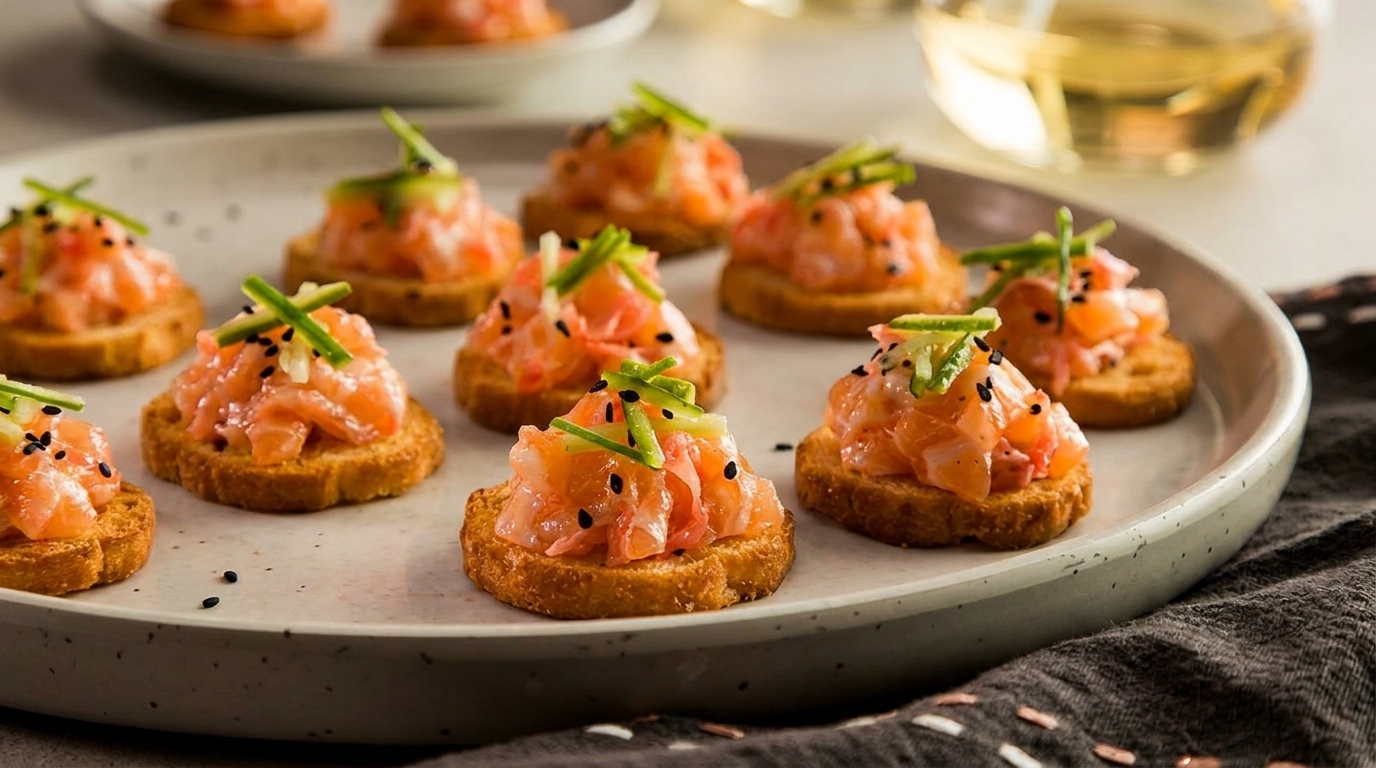 A plate of salmon tartare canapés, garnished with chives and black sesame seeds, with wine in the background.