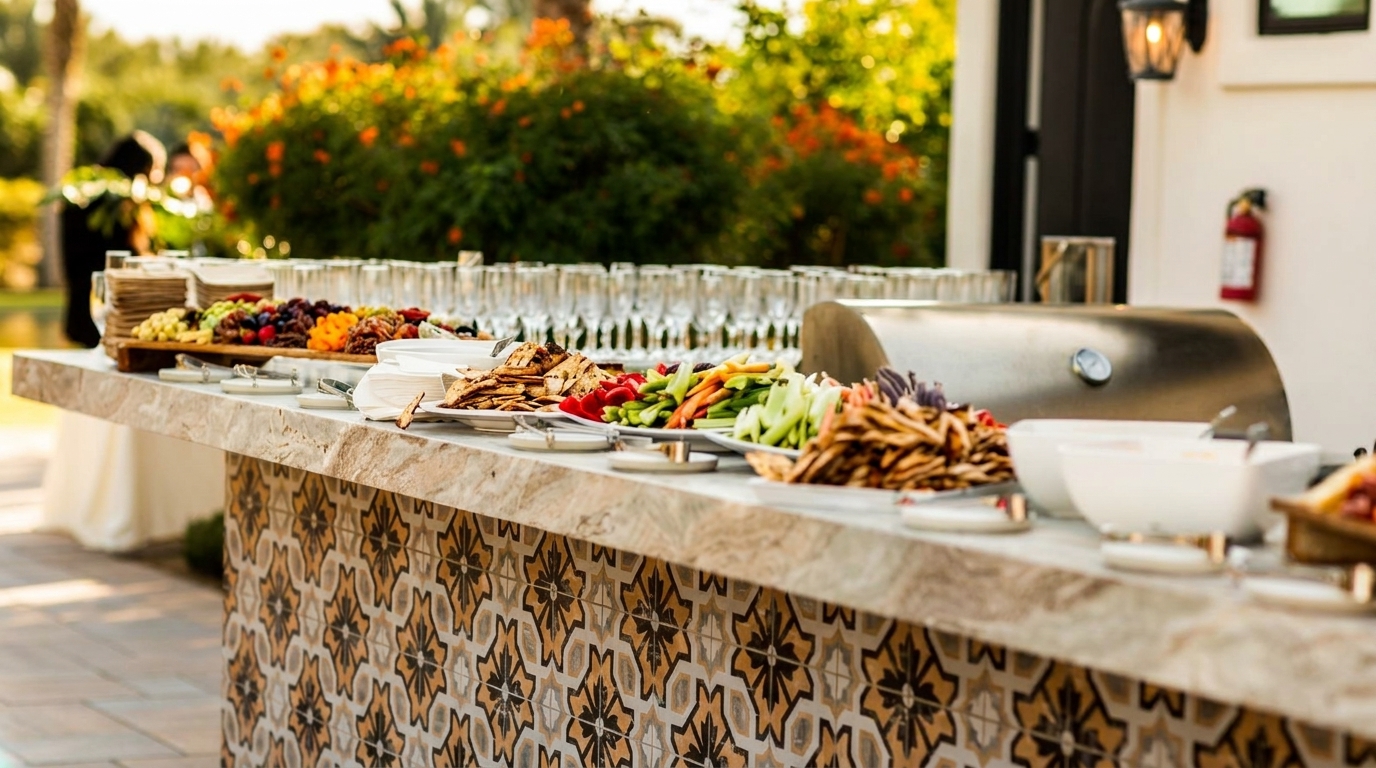 Outdoor buffet with fresh fruit, vegetables, crackers, and a grill on a tiled counter.