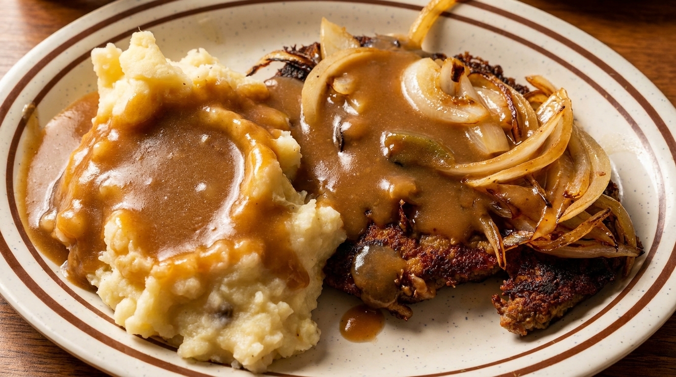 Country fried steak with mashed potatoes, gravy, and caramelized onions on a white plate.