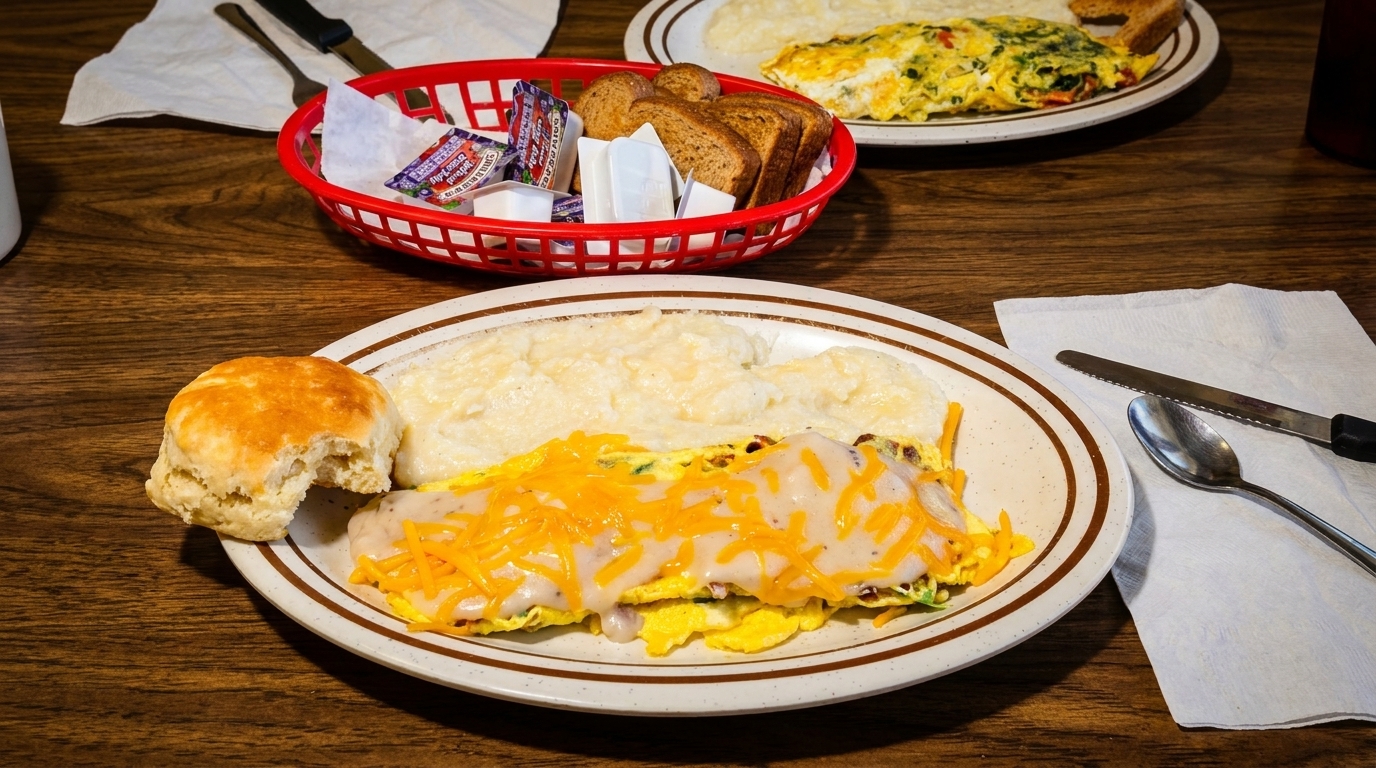 Two plates of breakfast food, including omelets, grits, biscuits, and toast, on a wooden table.