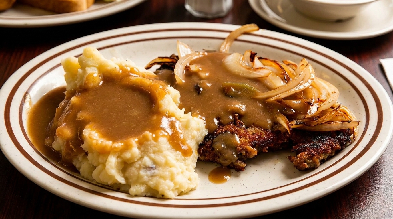 A plate of Salisbury steak with grilled onions, brown gravy, and a side of mashed potatoes.