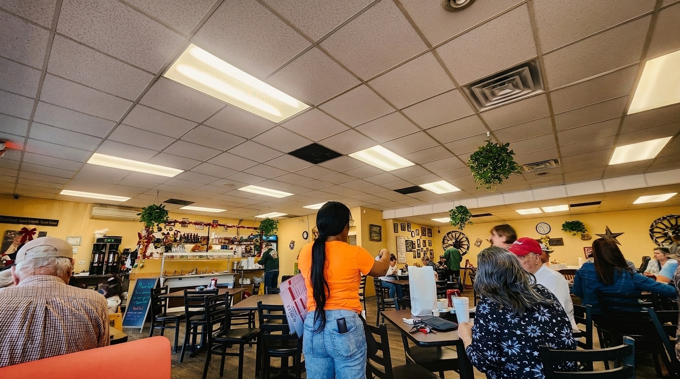 A bustling diner interior with patrons seated at tables and a server in an orange shirt.