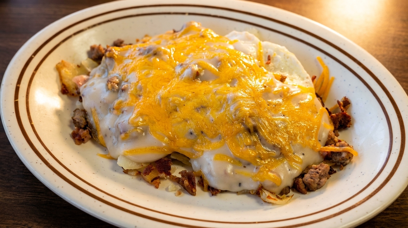 Hearty breakfast skillet with sausage, potatoes, gravy, and melted cheddar cheese on a white plate.