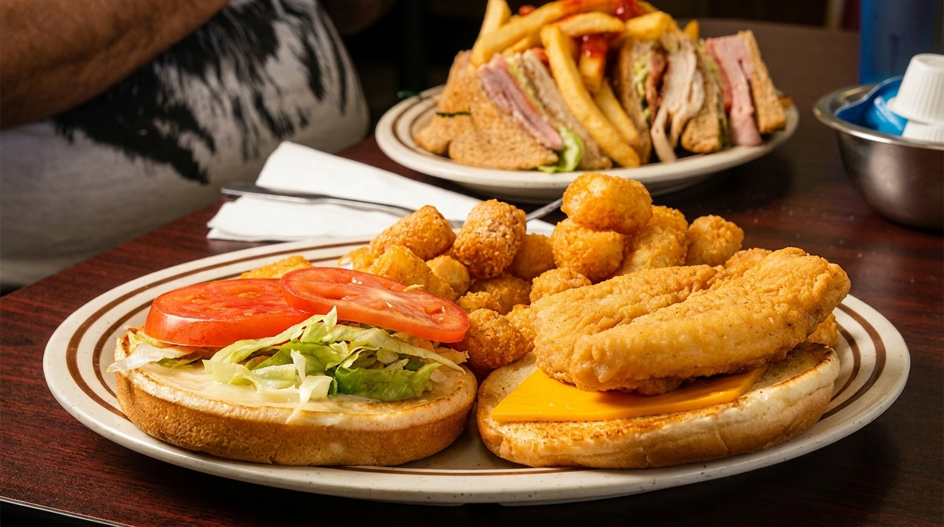 A fried fish sandwich with tater tots and a club sandwich with fries on a wooden table.