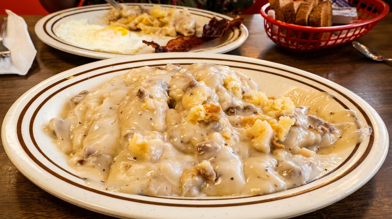 Biscuits and gravy with a side of eggs, bacon, and hash browns on a wooden table.