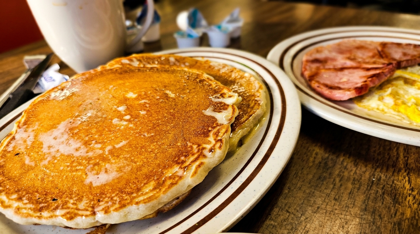 Golden pancakes with syrup and butter, alongside ham and eggs on a wooden table.