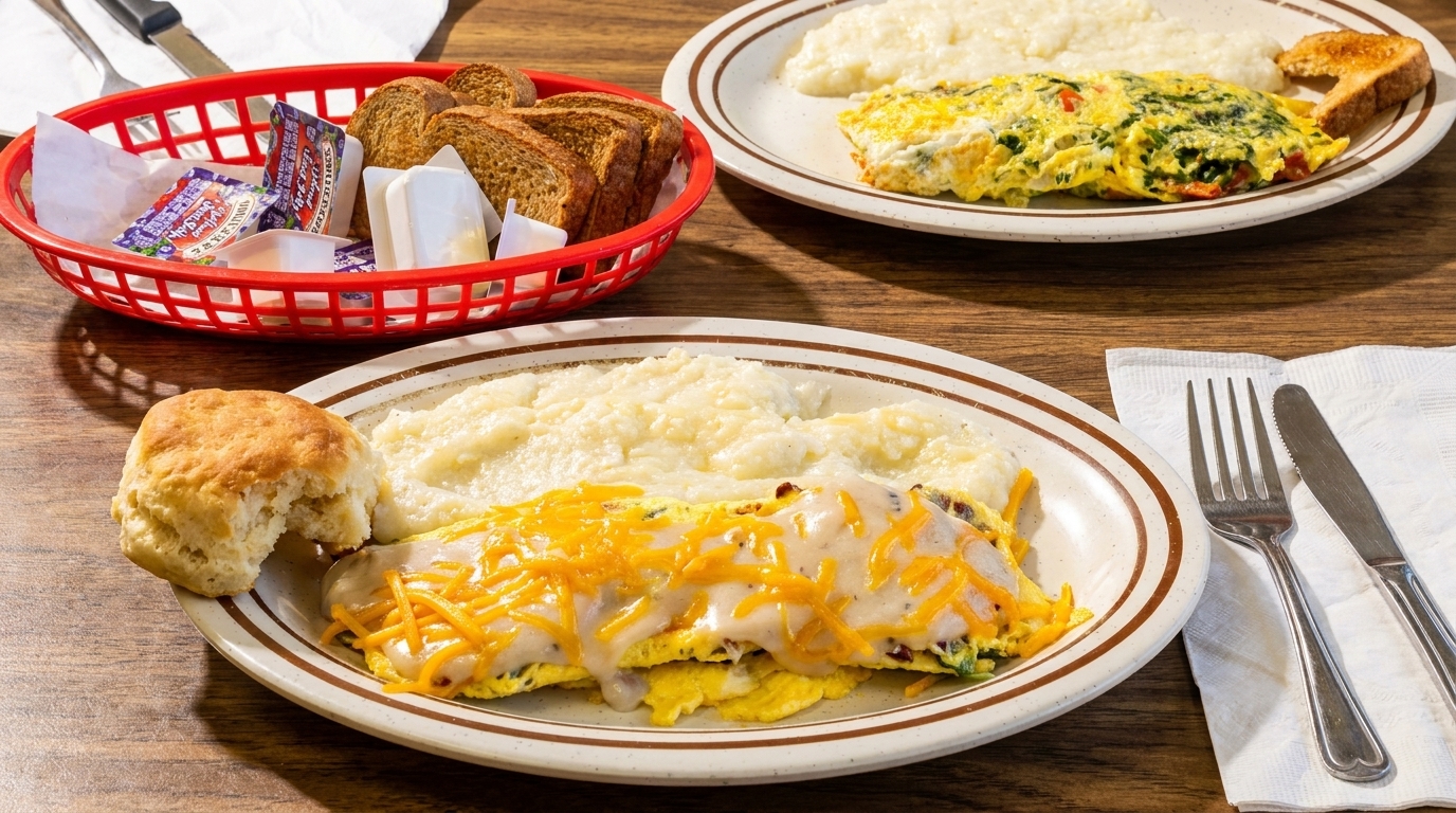 Two plates of omelets with grits, toast, and a biscuit on a wooden table.