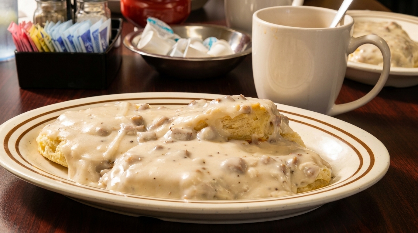 Biscuits and gravy on a plate, with coffee and condiments in the background.