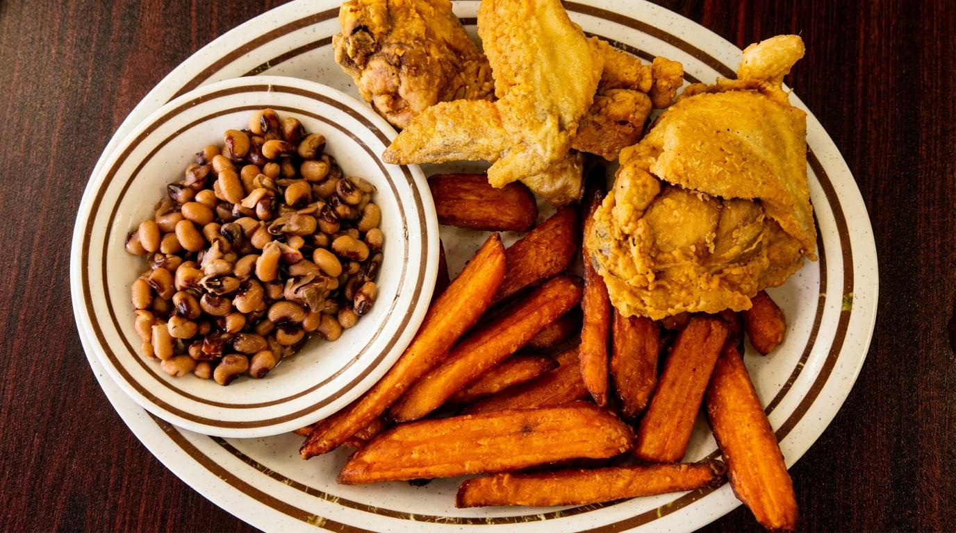 Fried chicken, sweet potato fries, and a bowl of black-eyed peas on a white plate.