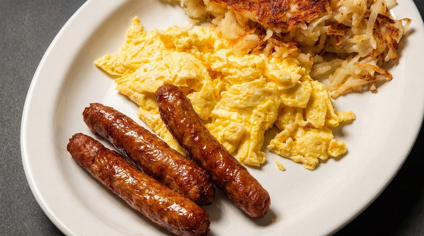 A breakfast plate with three sausage links, scrambled eggs, and hash browns.