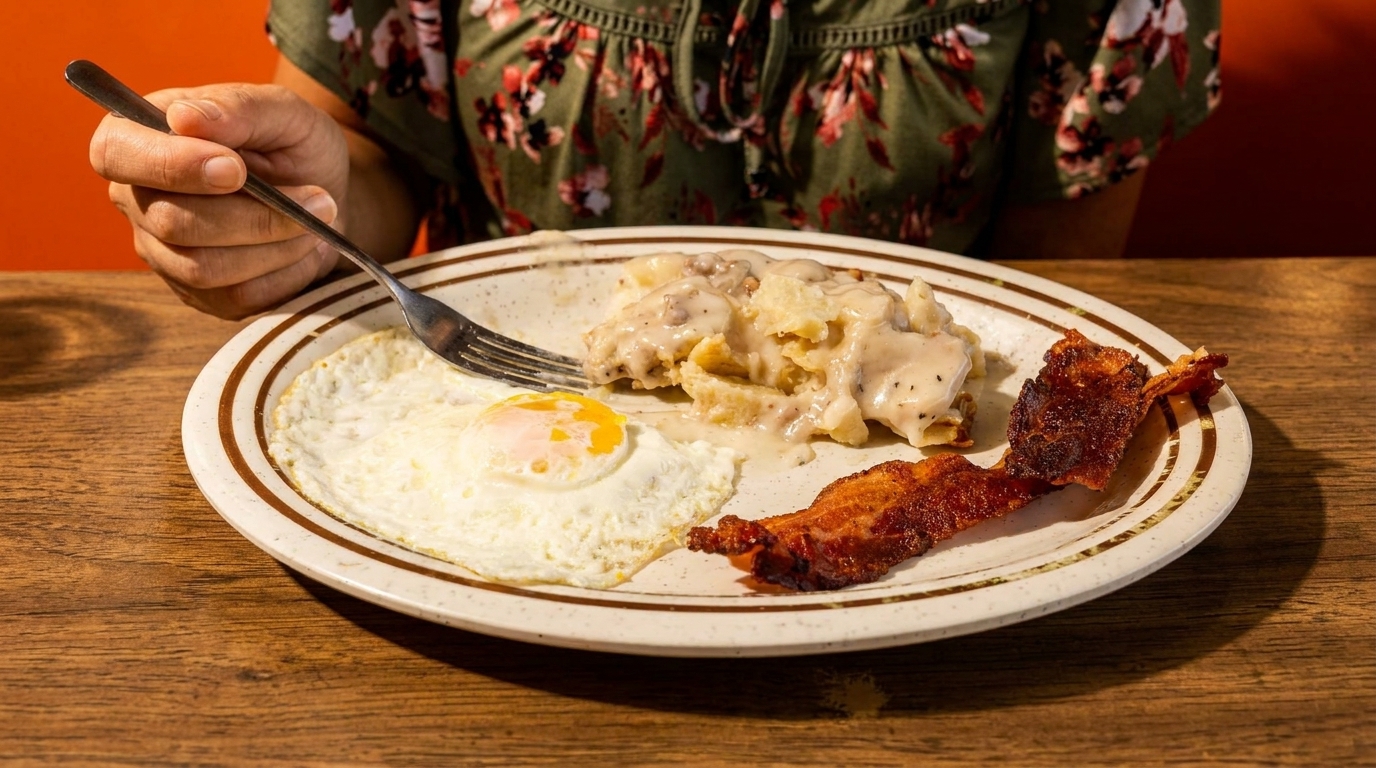 A person eating a breakfast plate with fried eggs, bacon, and biscuits with gravy.