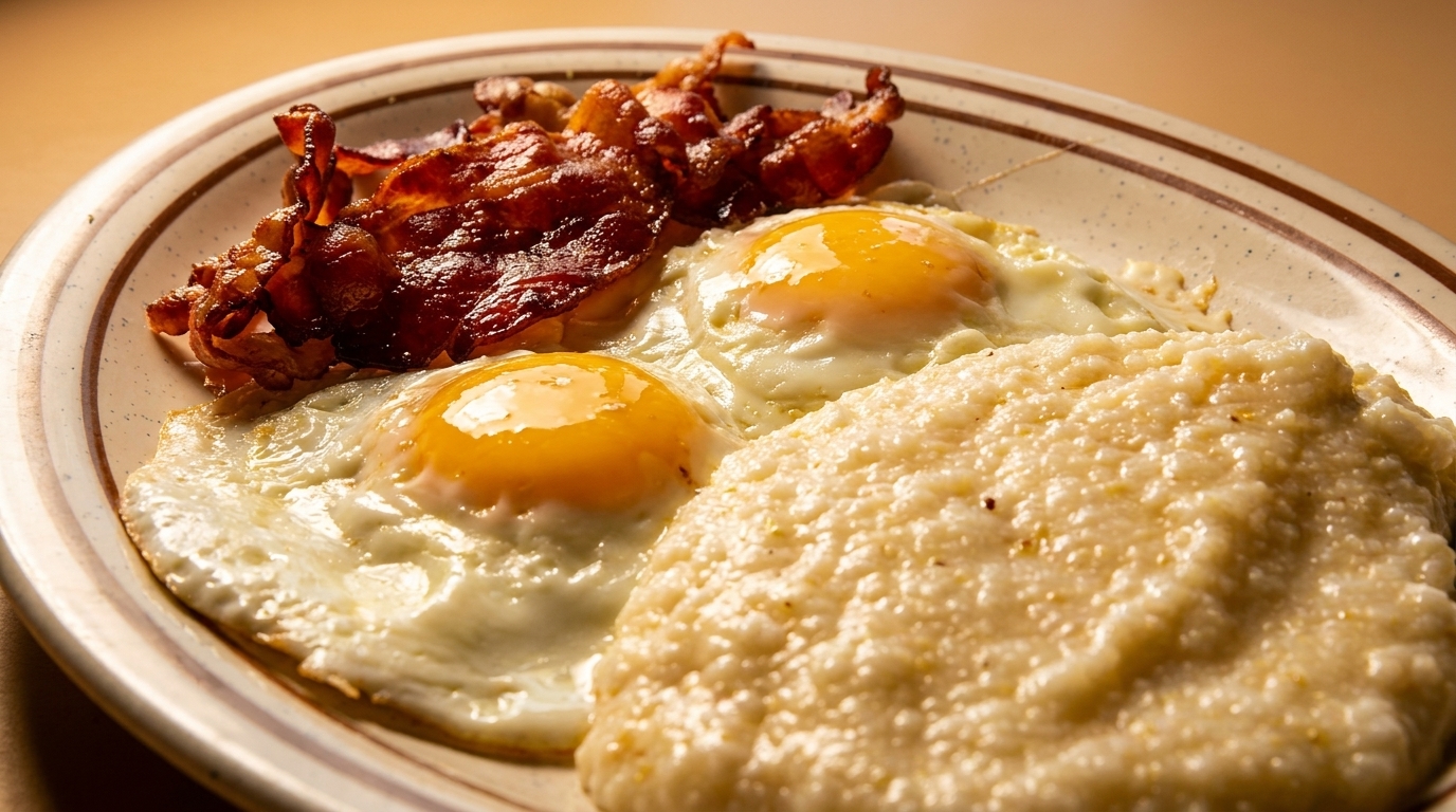Breakfast plate with two sunny-side-up eggs, crispy bacon, and a serving of grits.