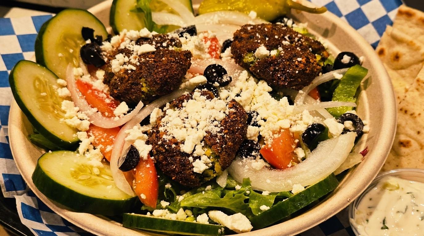 Falafel salad with cucumbers, tomatoes, onions, olives, and feta cheese, served with pita and tzatziki.