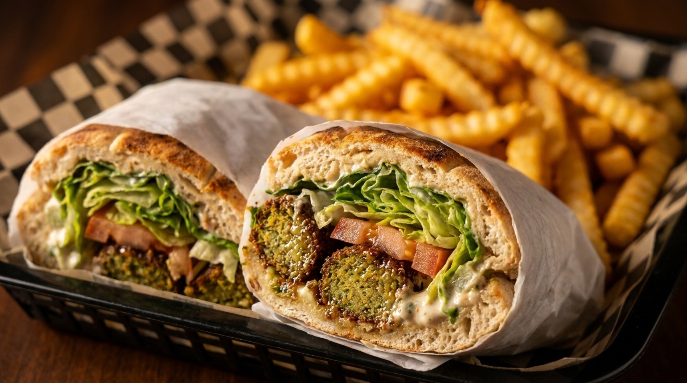Two falafel sandwiches with lettuce, tomato, and sauce, served with crinkle-cut fries.