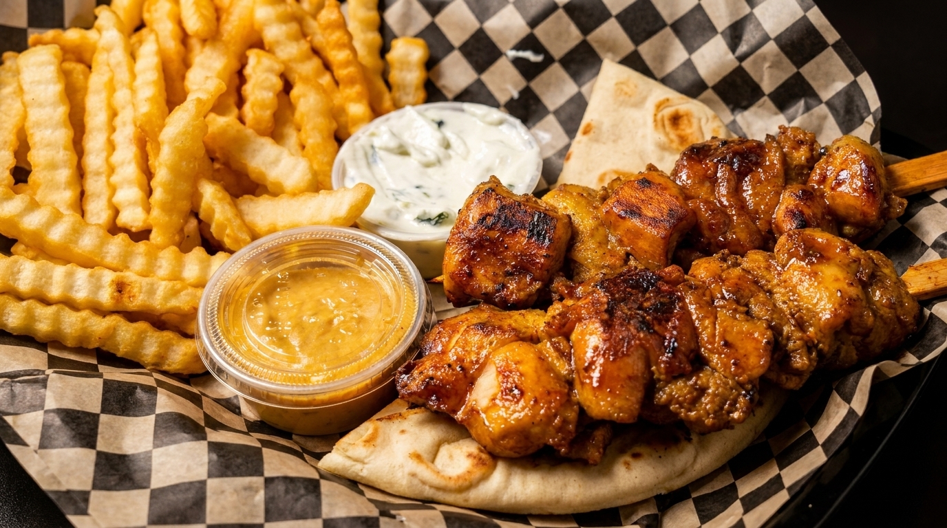 Grilled chicken skewers, crinkle-cut fries, pita bread, and two dipping sauces on checkered paper.