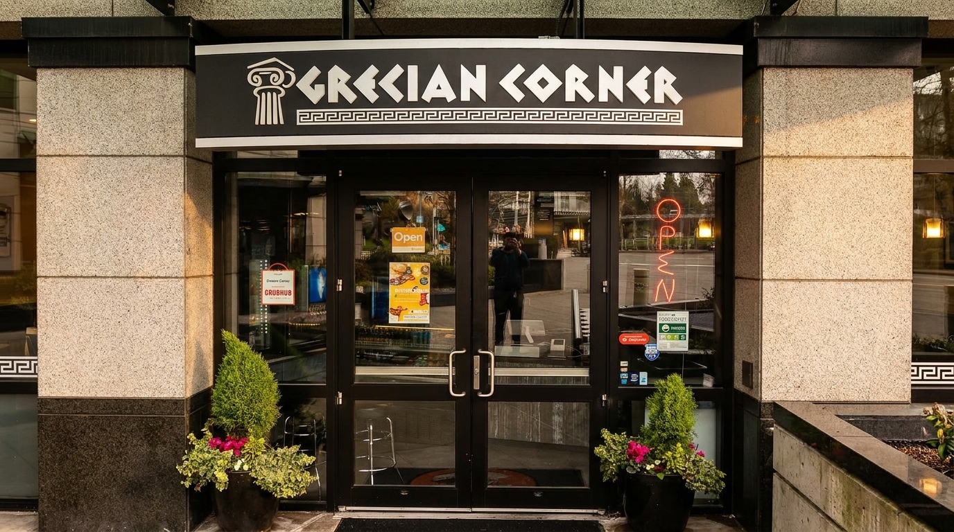 Exterior of "Grecian Corner" restaurant with a black sign, glass doors, and potted plants.