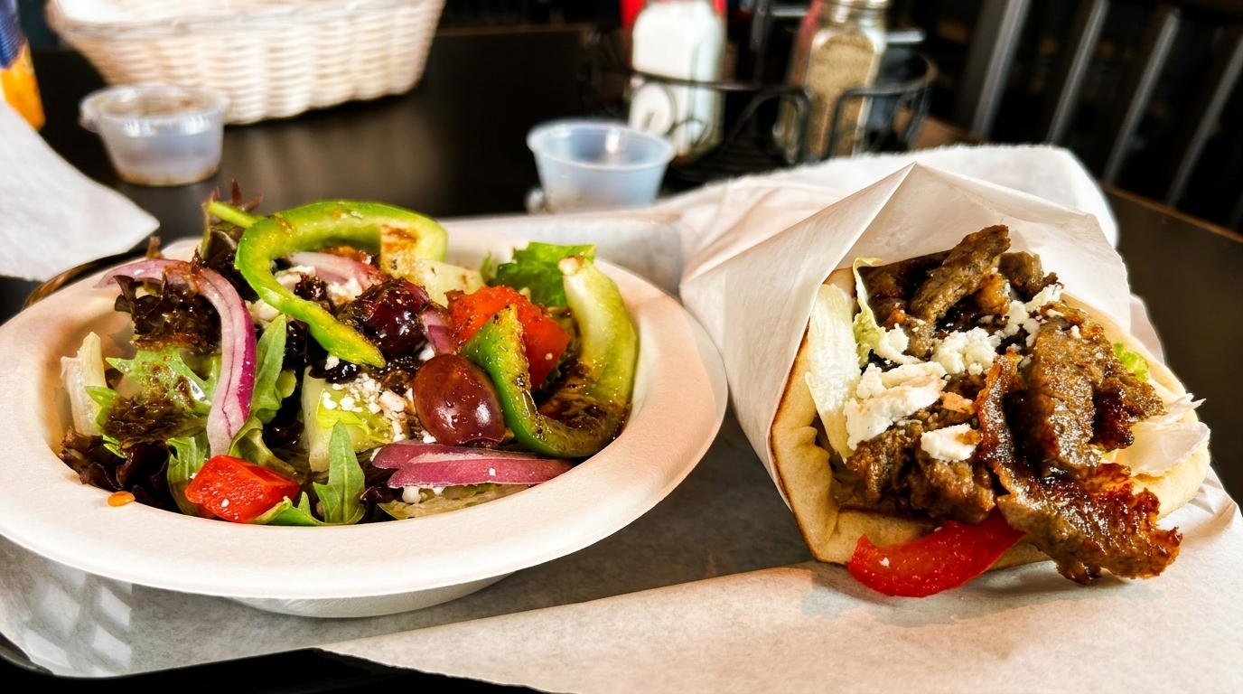 A gyro with meat and feta cheese next to a fresh salad with bell peppers and red onions.