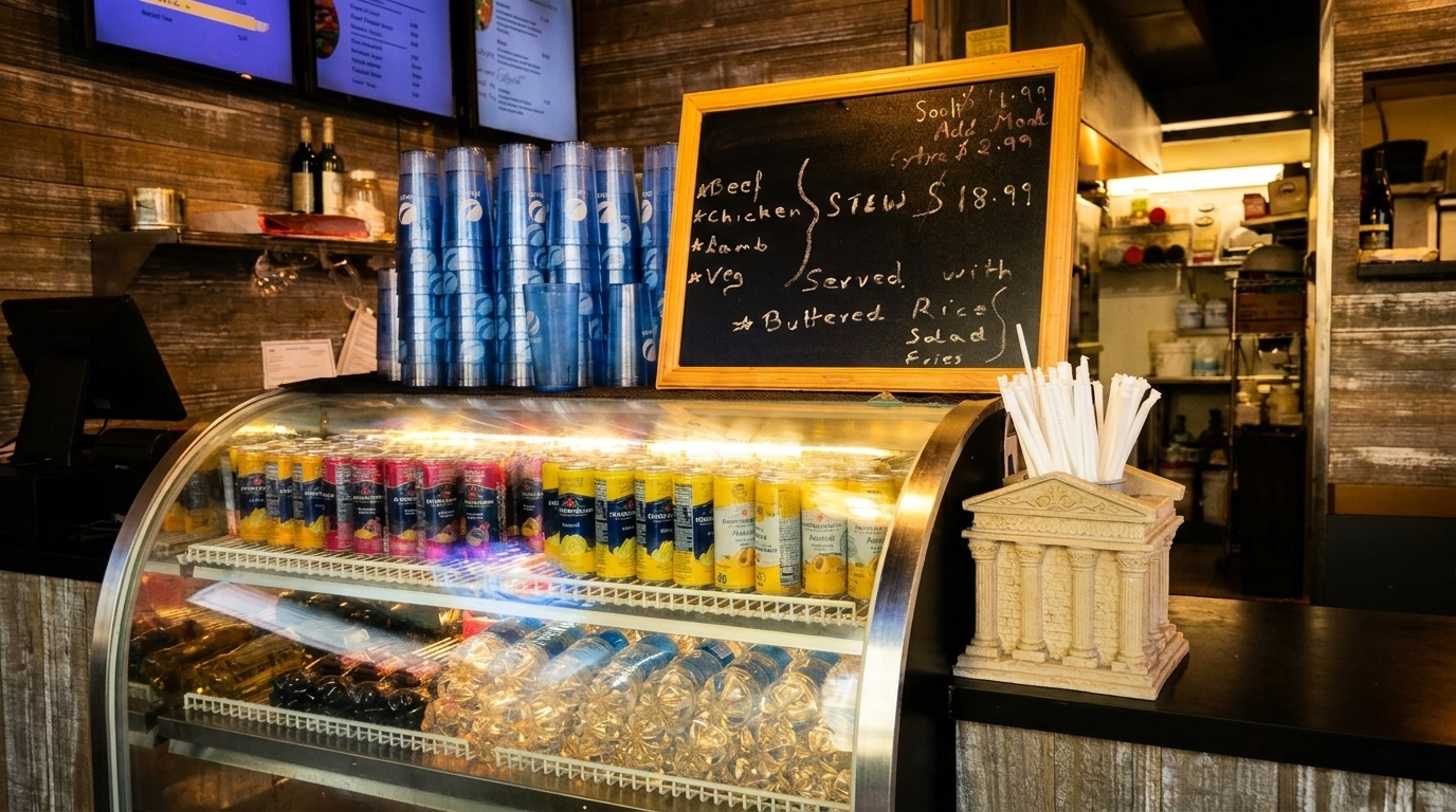 Restaurant counter with a chalkboard menu, drink cooler, and straw dispenser.
