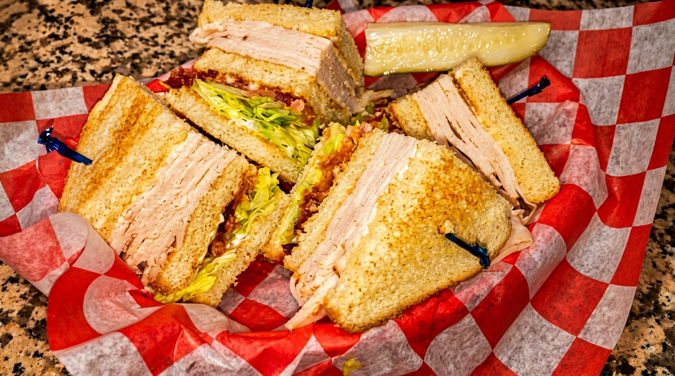 Club sandwich with turkey, bacon, and lettuce, cut into quarters, served with a pickle spear.