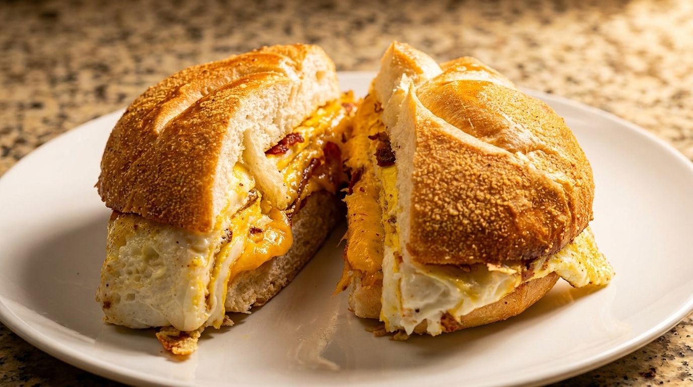 A breakfast sandwich with egg, cheese, and bacon on a roll, cut in half on a white plate.