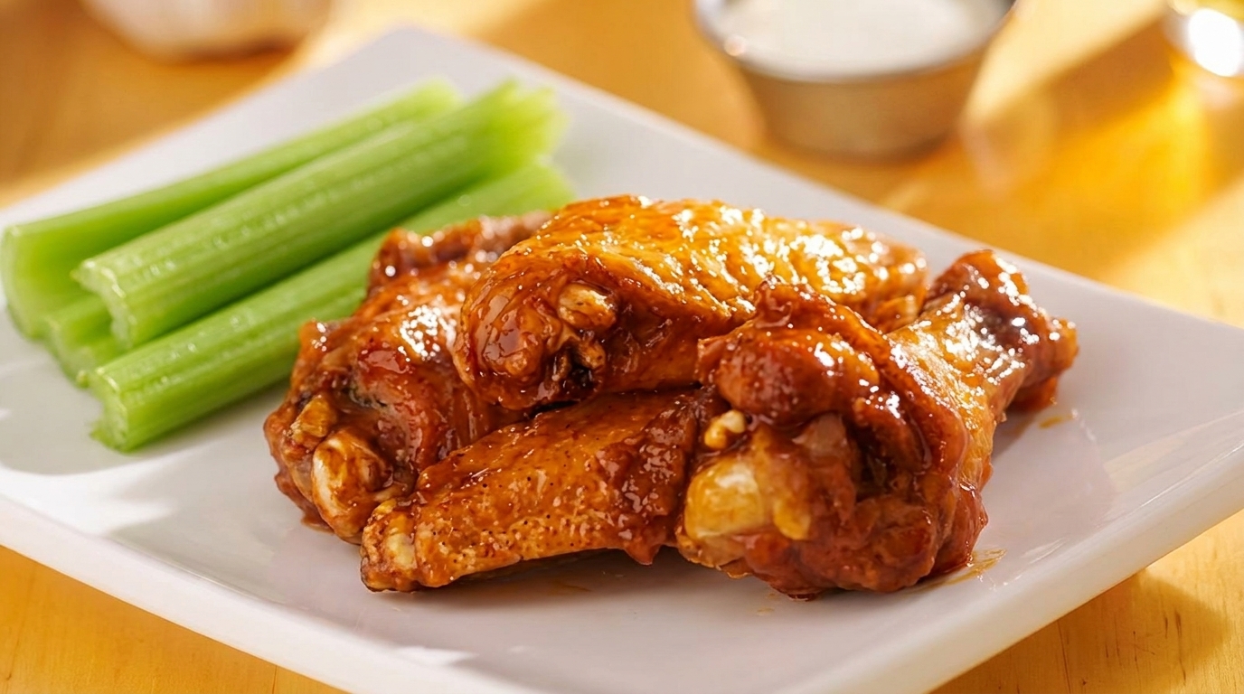 Glossy brown chicken wings and celery sticks on a white rectangular plate with dipping sauce.