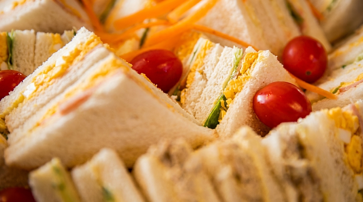 Close-up of triangular finger sandwiches with egg salad, lettuce, and cherry tomatoes.
