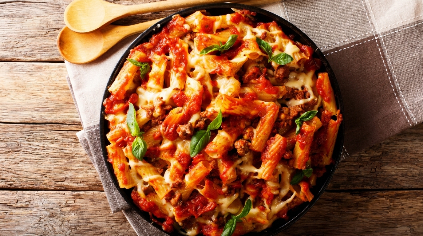 Baked ziti pasta with meat, tomato sauce, melted cheese, and basil in a black pan.