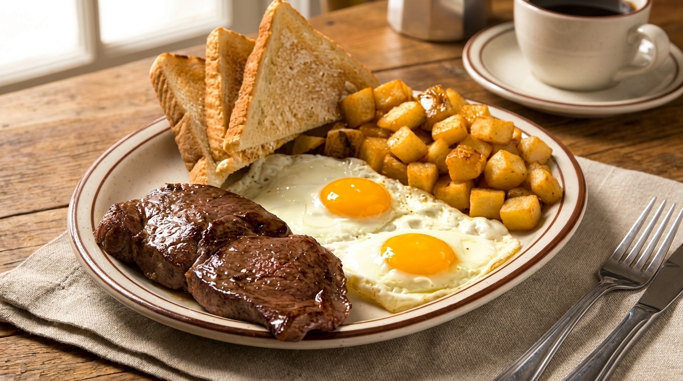 Hearty breakfast plate with steak, two fried eggs, home fries, and toast, with coffee.