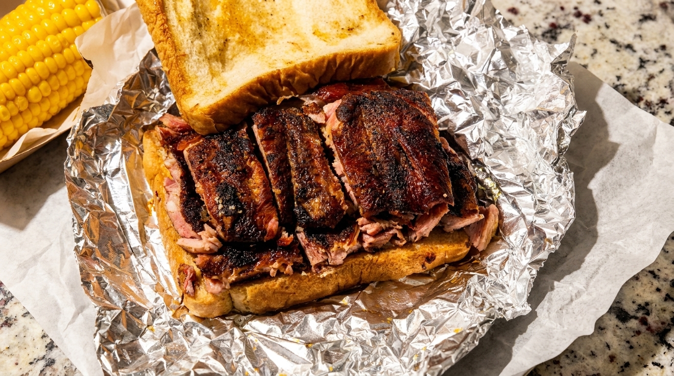 A barbecue brisket sandwich on toasted bread with a side of corn on the cob.