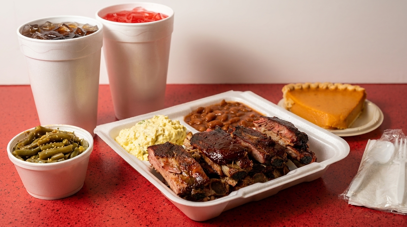 A takeout meal with BBQ ribs, baked beans, potato salad, green beans, two drinks, and pumpkin pie.