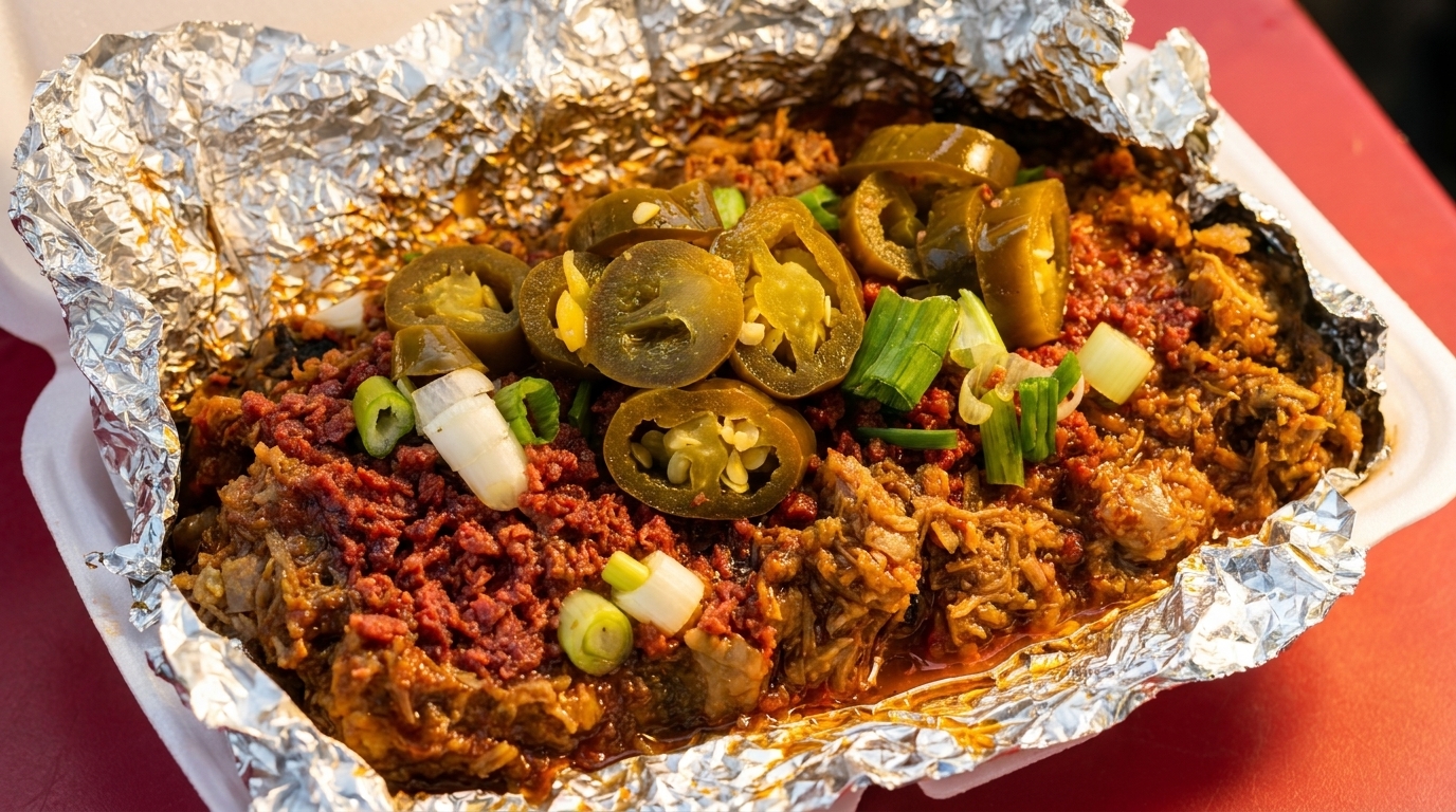 Close-up of a takeout container filled with chili, jalapeños, and green onions.