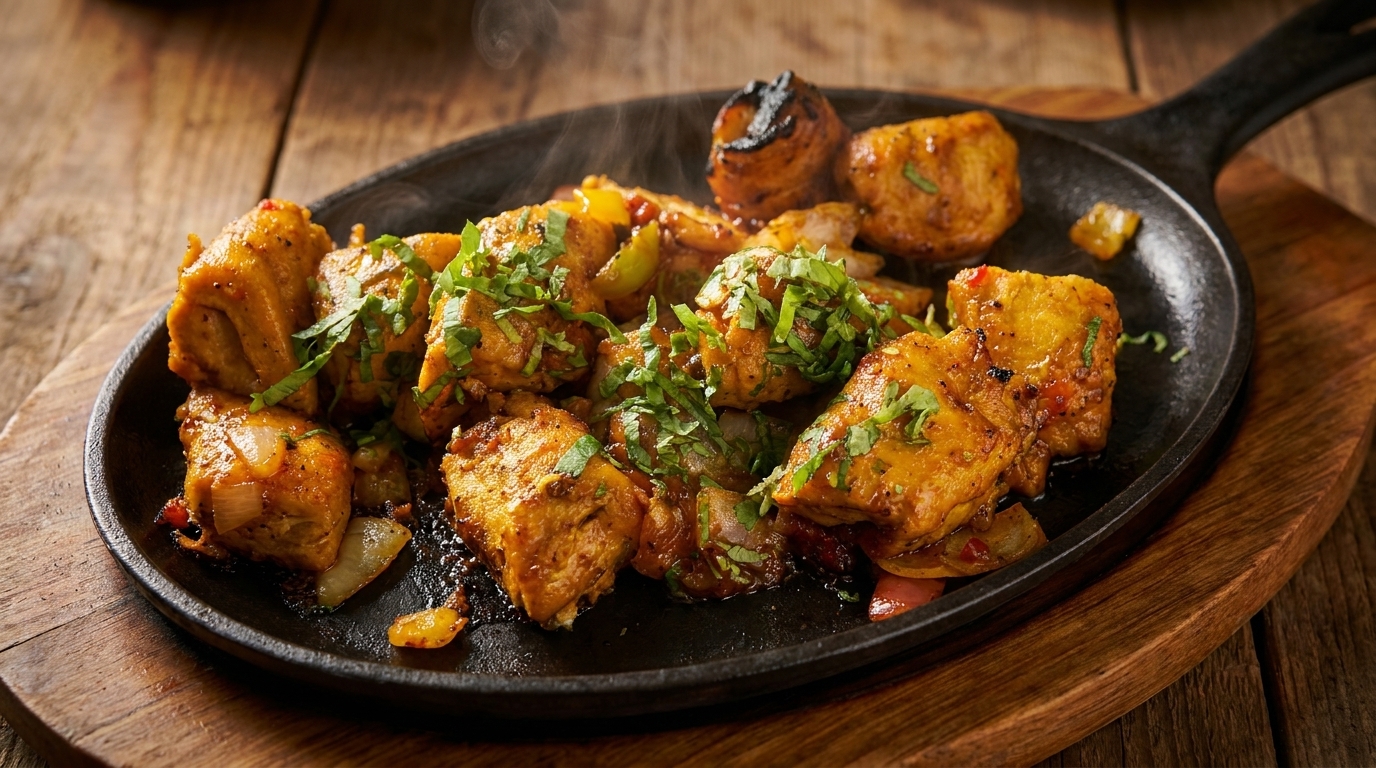 Sizzling paneer tikka with onions and peppers, garnished with fresh cilantro in a cast iron skillet.