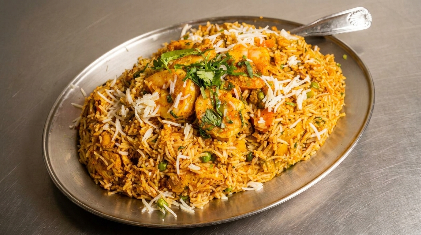 A large oval platter of shrimp biryani, garnished with cilantro and shredded cheese.