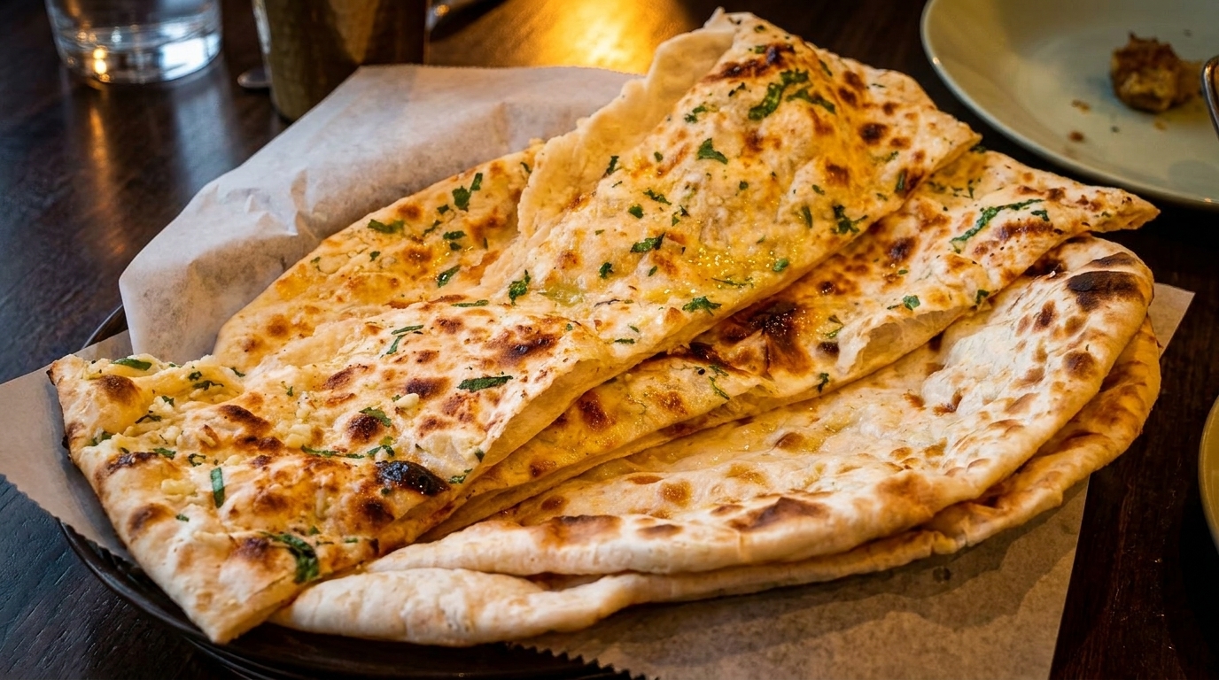 Basket of freshly baked naan bread, some topped with garlic and herbs, on a restaurant table.