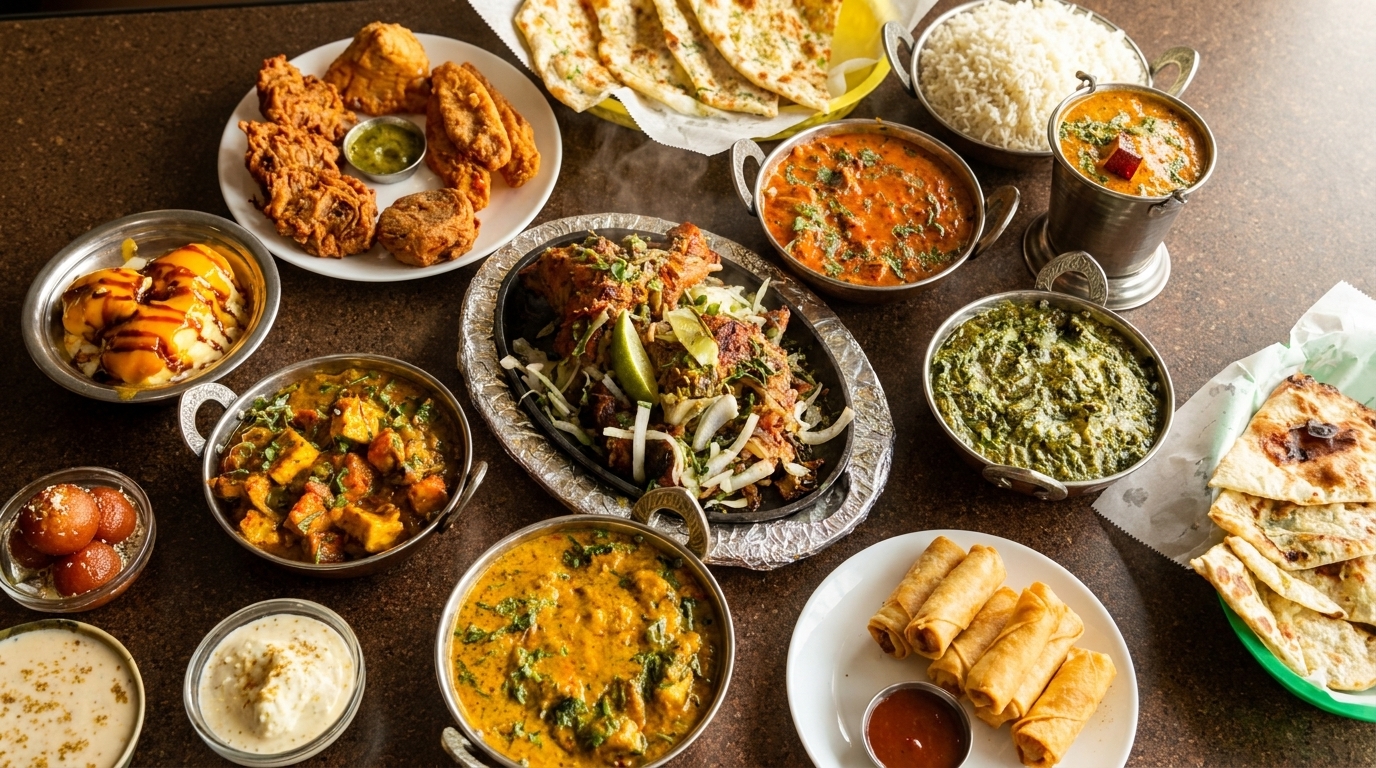 A large spread of Indian dishes, including curries, naan, rice, fried appetizers, and desserts.