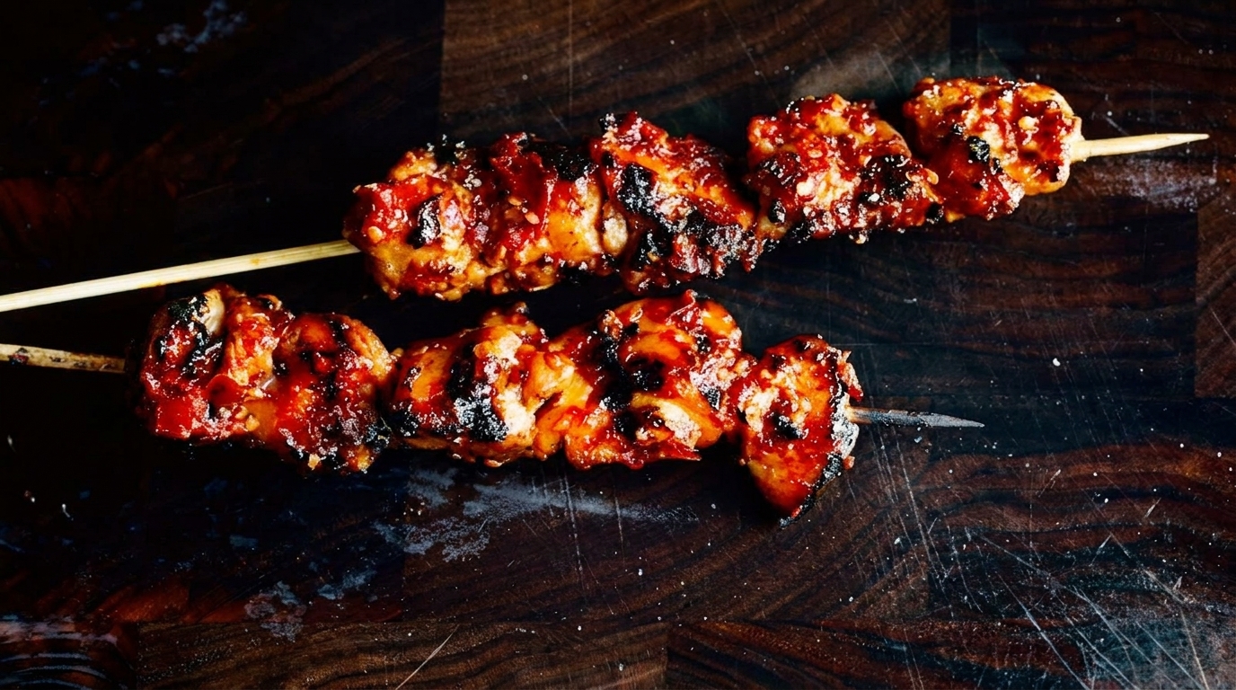 Two skewers of grilled chicken with a sweet and spicy glaze on a dark wooden surface.