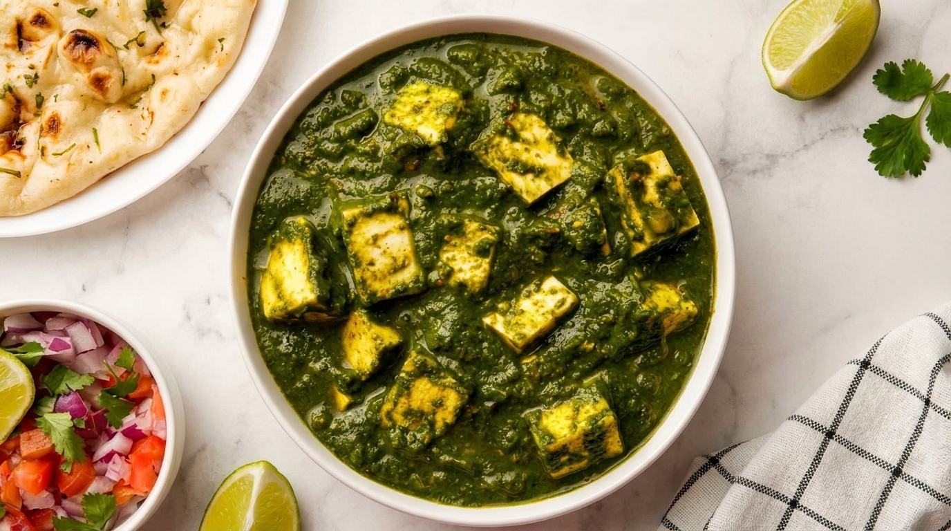 Palak paneer with naan bread, pico de gallo, and lime wedges on a marble surface.