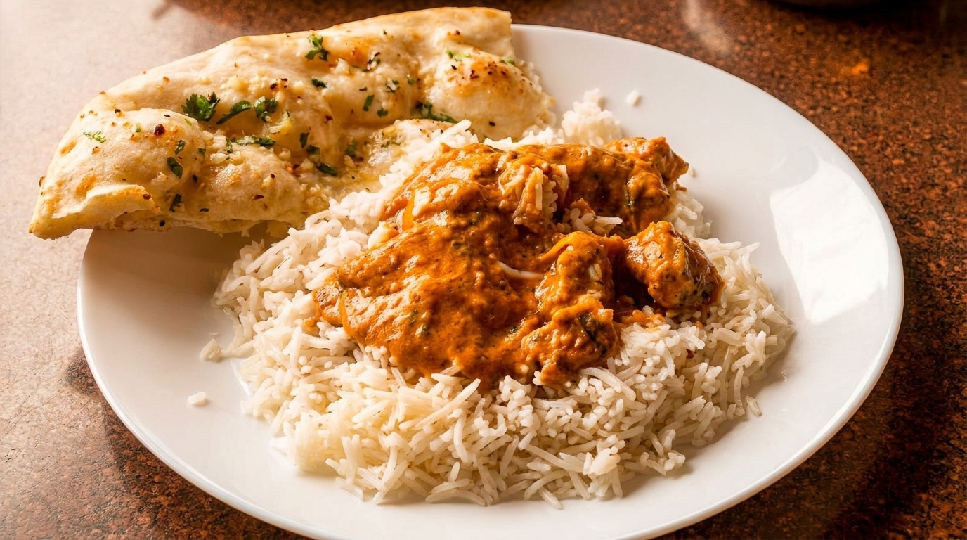 A white plate with chicken tikka masala, white rice, and garlic naan bread.