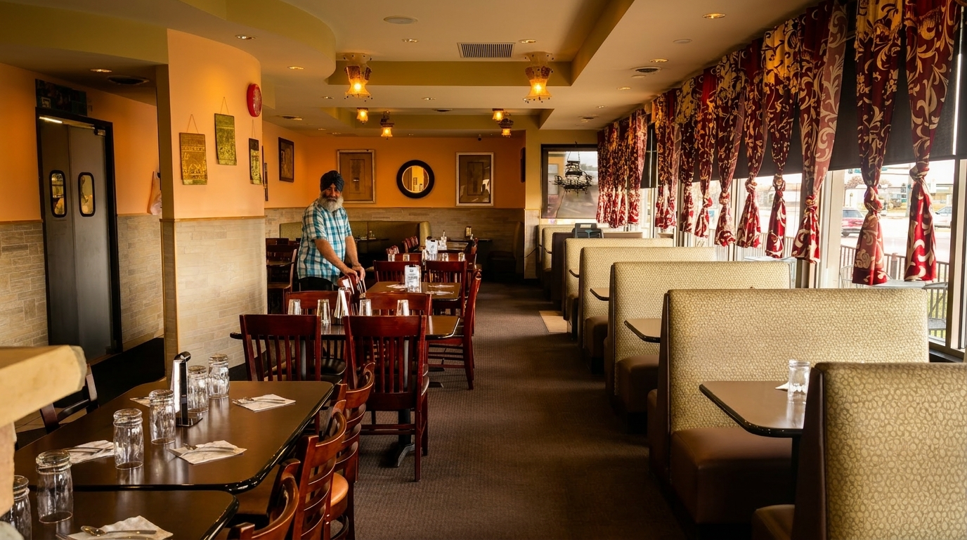 Restaurant interior with a man in a turban arranging chairs, featuring tables, booths, and patterned curtains.