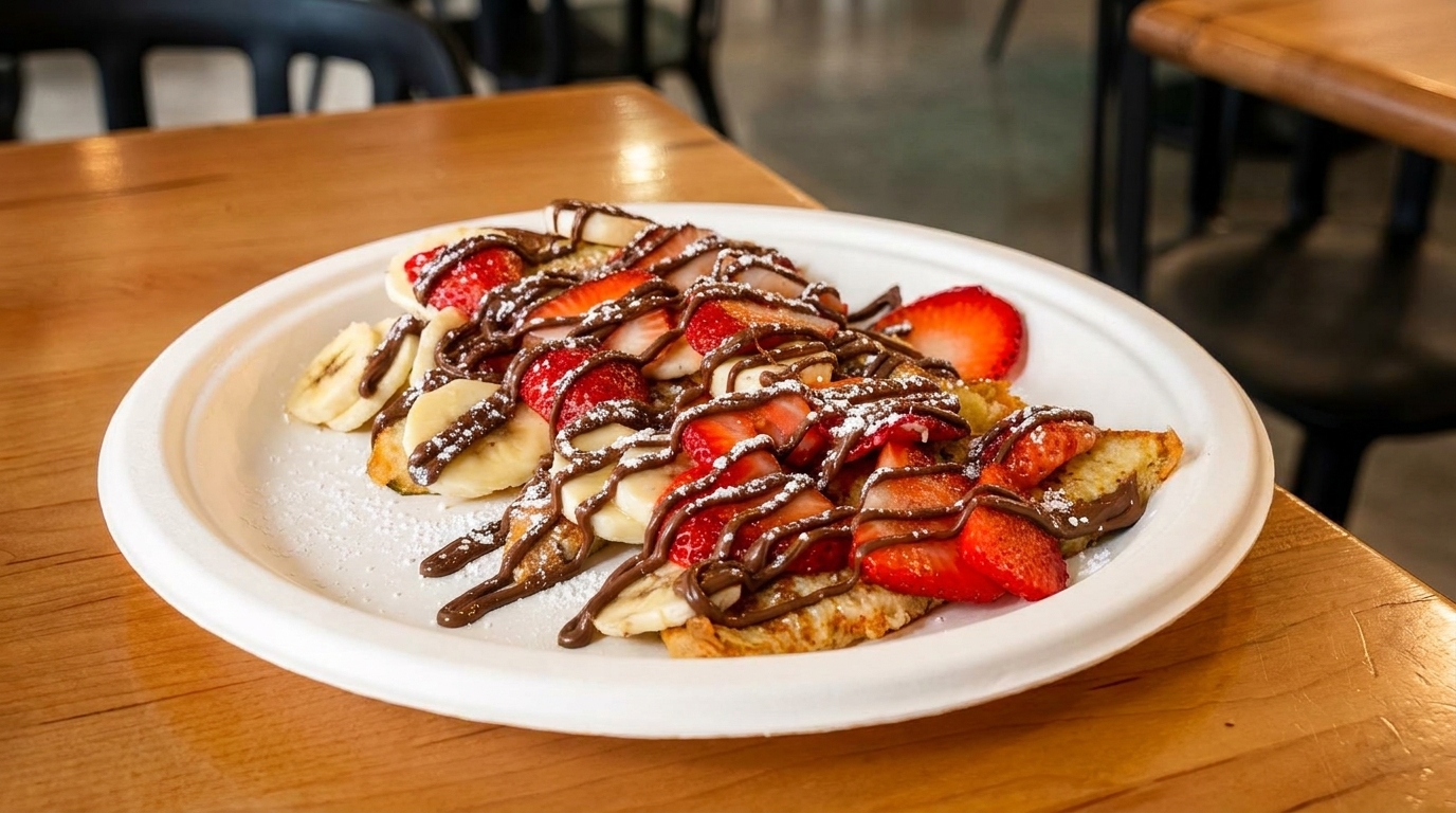 French toast topped with sliced strawberries, bananas, chocolate drizzle, and powdered sugar.