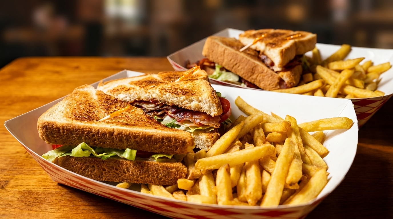 Two bacon, lettuce, and tomato sandwiches with golden fries in paper trays on a wooden table.