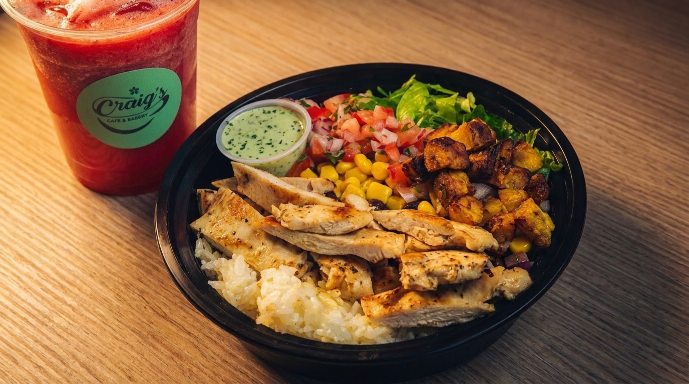 A Craig's Cafe & Bakery chicken bowl with rice, plantains, corn, salsa, and green sauce, next to a red smoothie.