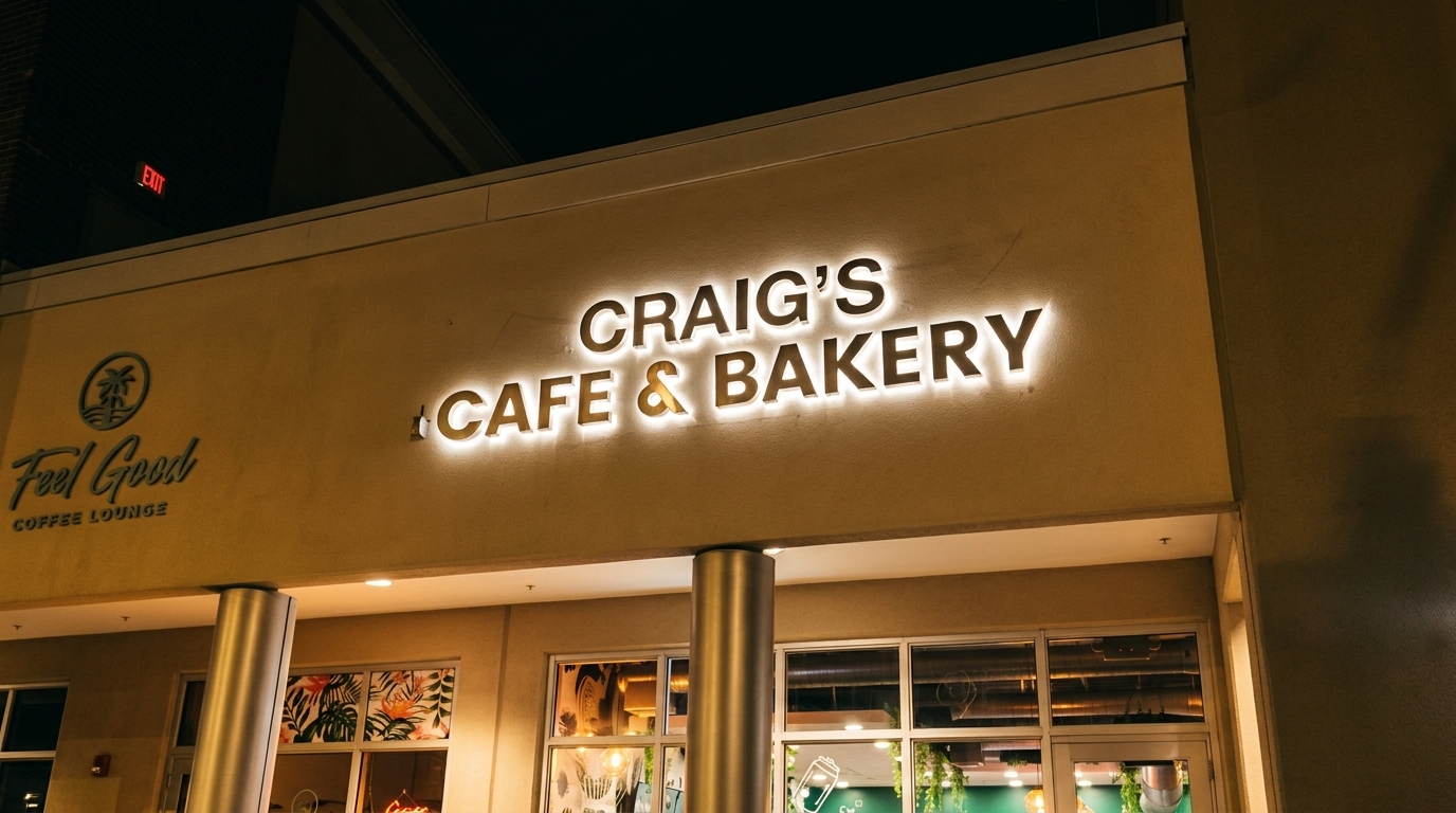 Exterior view of Craig's Cafe & Bakery sign illuminated at night, with Feel Good Coffee Lounge nearby.