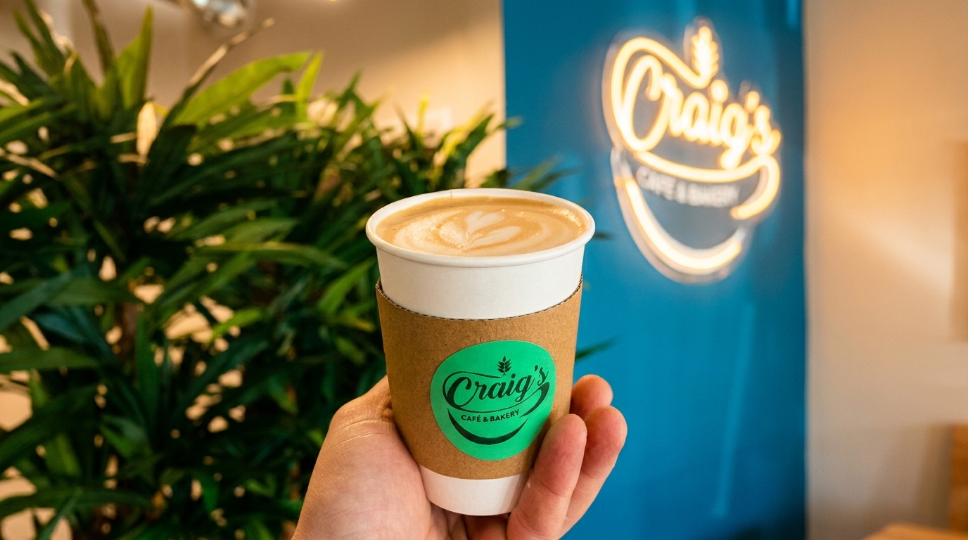 Hand holding a latte with a "Craig's Cafe & Bakery" logo, against a neon sign and green plants.