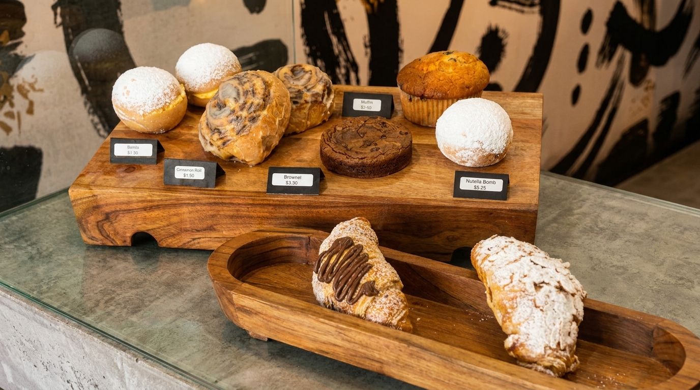 A wooden display stand holds various pastries, including cinnamon rolls, muffins, brownies, and bomboloni.