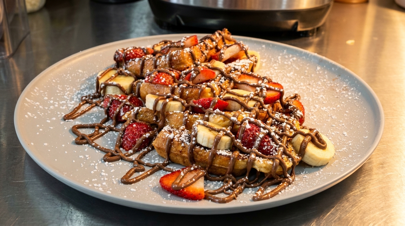 Waffles topped with sliced strawberries, bananas, chocolate drizzle, and powdered sugar on a gray plate.