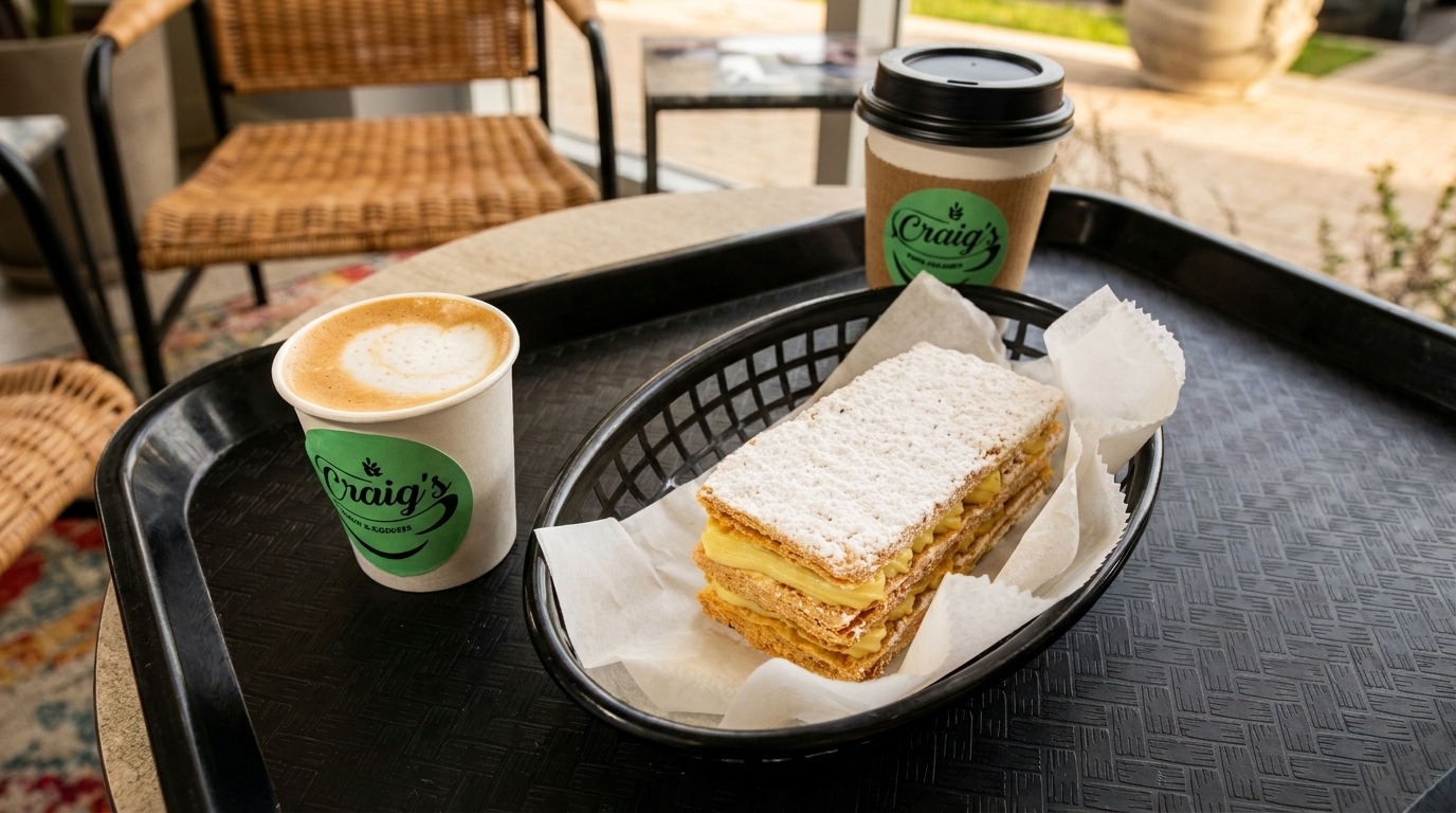 A Craig's latte and coffee cup sit on a tray with a powdered sugar pastry.