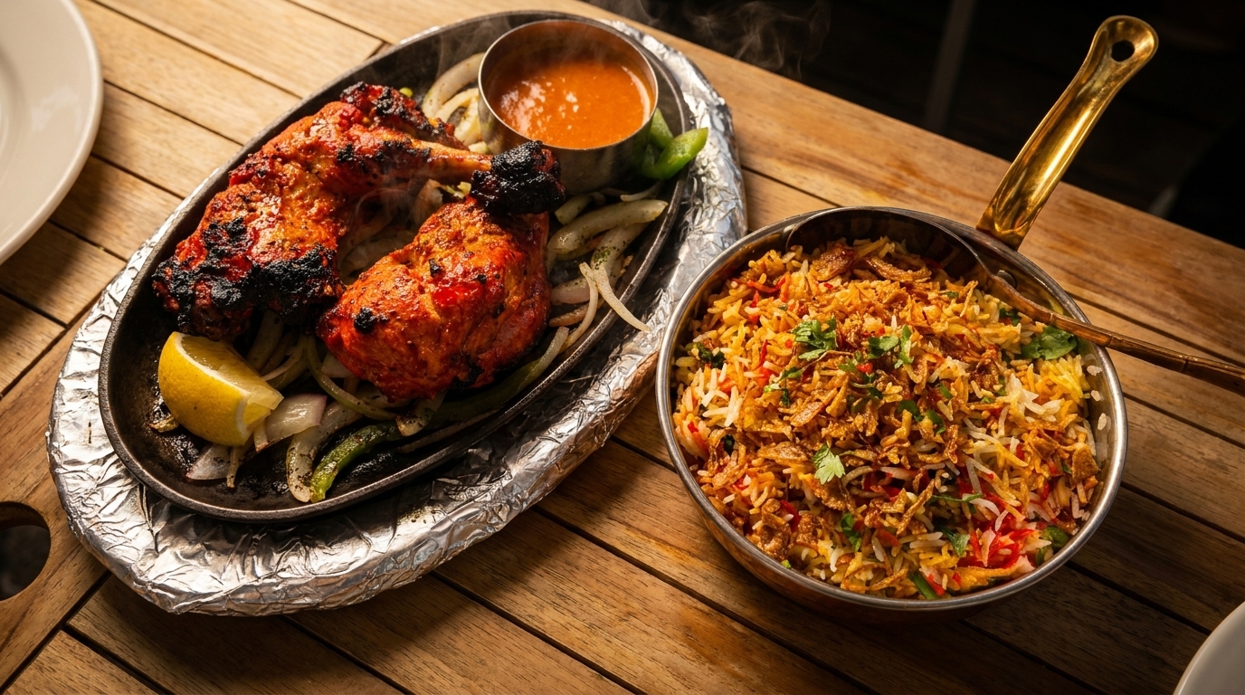 Sizzling tandoori chicken with onions and peppers, alongside a bowl of biryani rice.